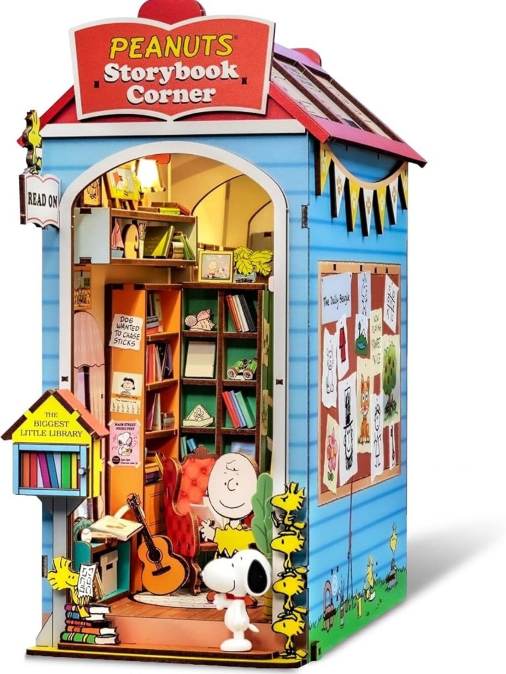 3D Wooden Book Nook Kit with LED Light, Snoopy & Friends Figurines - Unique